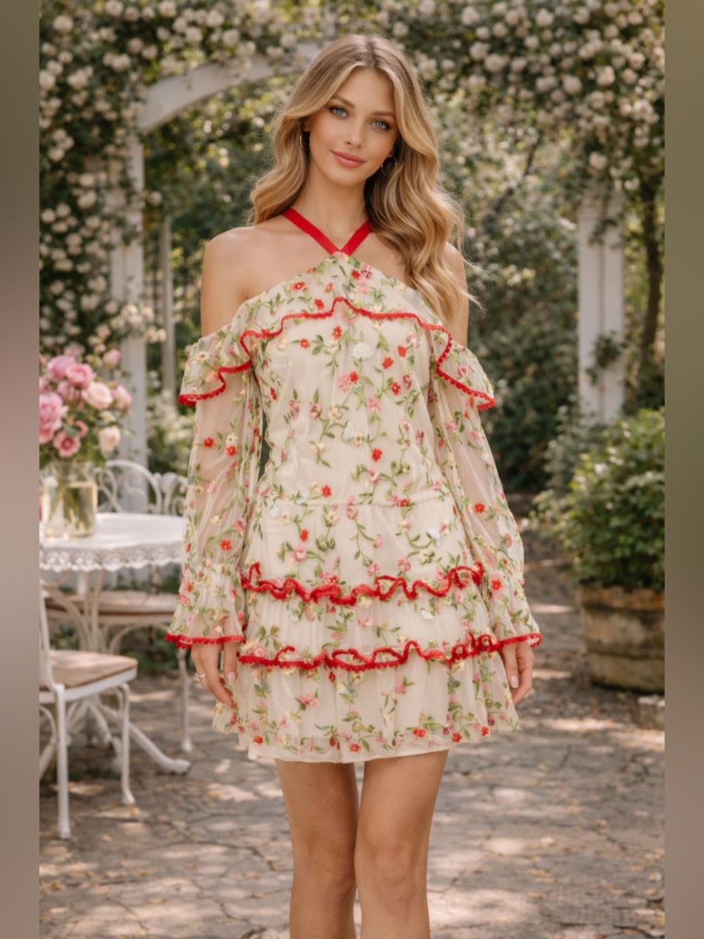 Alexis Floral Off Shoulder Mini Dress Ruffle Red Cream Small